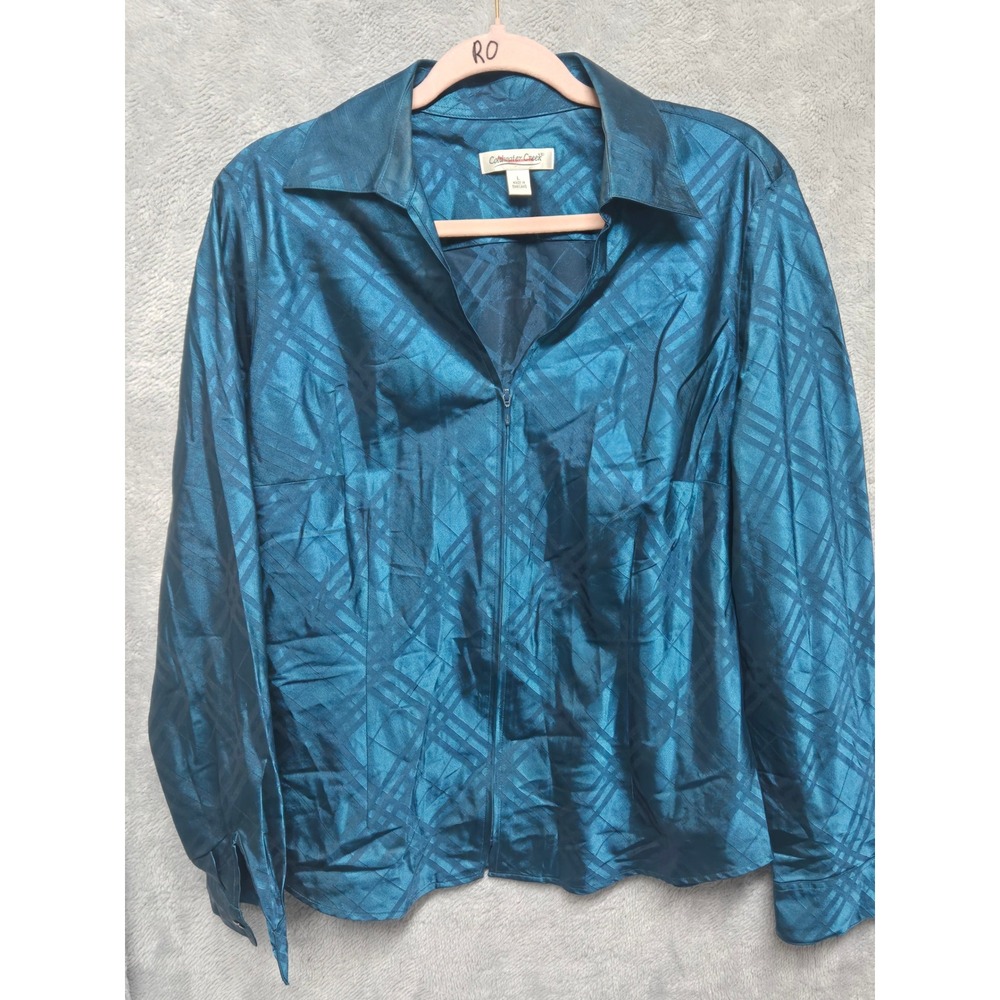 Coldwater Creek Womens Teal Blue Plaid Jacquard Zip Front Blouse Top Large